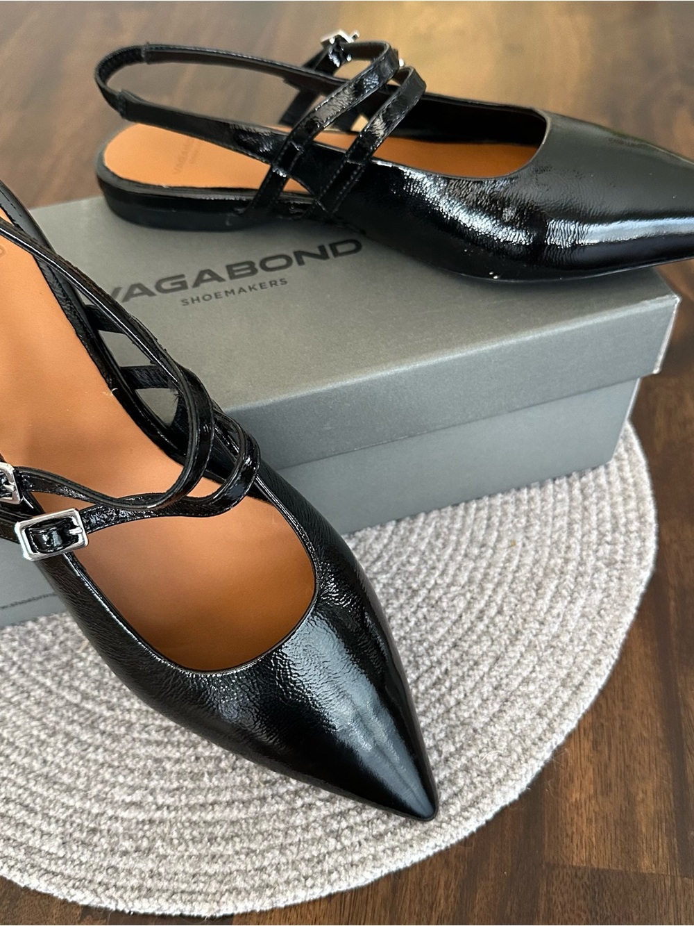 Vagabond Black Patent Pointed Slingback Flats with Cross Straps